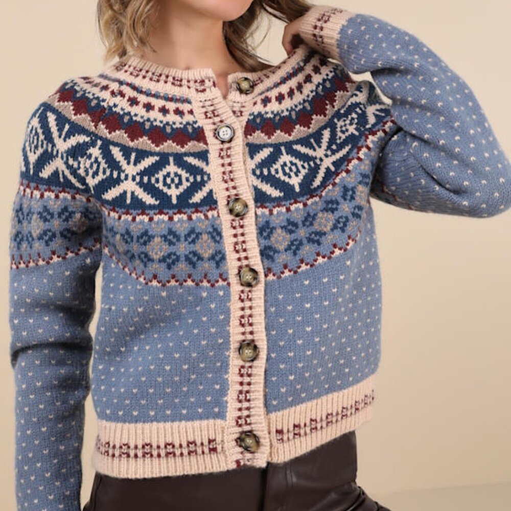 Lulus First Frost Blue Fair Isle Cardigan - Size S